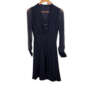 Altuzarra Silk Long Sleeve V-Neck Dress Navy Blue Size 34 Tailored Waist